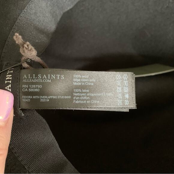 All Saints Black Studded Crown Band Wool Western Texas Hold Em Fedora O/S NWT - Picture 9 of 9